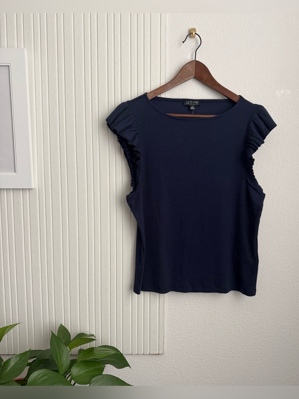 J.Crew Navy Cotton and Modal Ribbed Knit Top with Ruffle Cap Sleeves